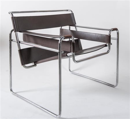 MARCEL BREUER Sedia in metallo e pelle modello B3 Wassily. Marchio originale....