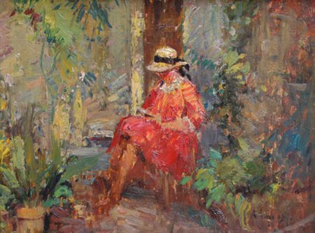 LUPO Alessandro (Torino, 1876 - Torino, 1953) La signora in rosso, 1917 olio...