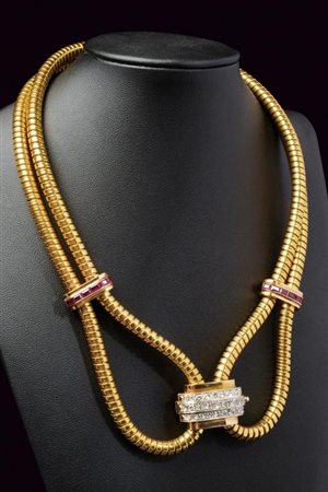 Collier girocollo tubogas in oro, rubini sintetici e diamanti