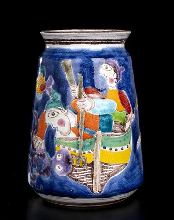 DE SIMONE<br>Vaso blu con decorazione di pescatori 
