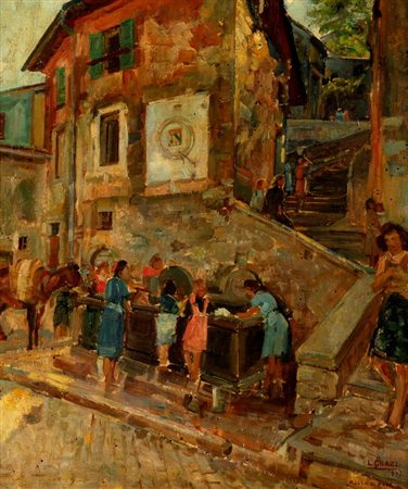 Lionello Grazi (Sermide 1894-Roma 1973)  - Rocca di Papa, donne al lavatoio nel centro del paese, 1947