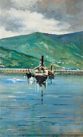 RABIOGLIO DOMENICO Torino 1857 - 1903 "Il porto di Como" 1892 55x34 olio su...