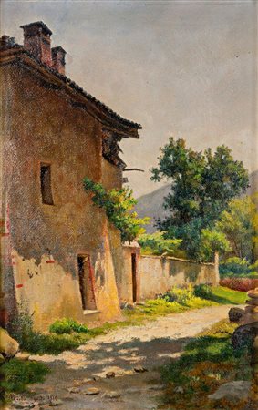 MERLO CAMILLO Torino 1856 - 1931 "Scorcio di paese" 1914 40x29 olio su...