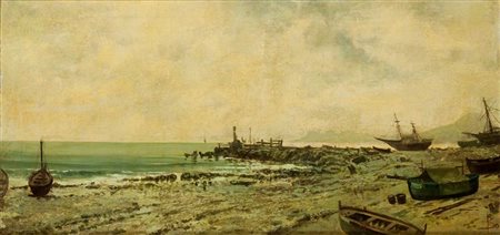 BO GIACINTO Torino 1832 - 1925 Montanaro (TO) "Veduta marina" 34x74 olio su...