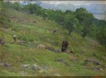 PIZIO ORESTE Torino 1879 - 1938 "Paesaggio con pastorella ed animali" 27x36...