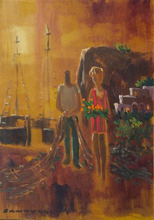 FANTUZZI ELIANO 1909-1987 "Passeggiata al porto" 70x50 olio su tela Opera...