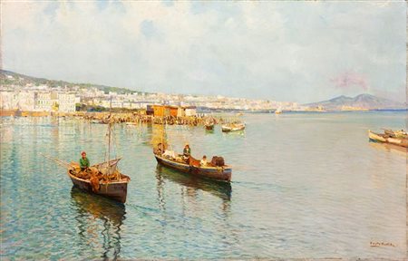 PRATELLA FAUSTO Napoli 1888 - 1964 "Mergellina-Napoli" 64x100 olio su tela...