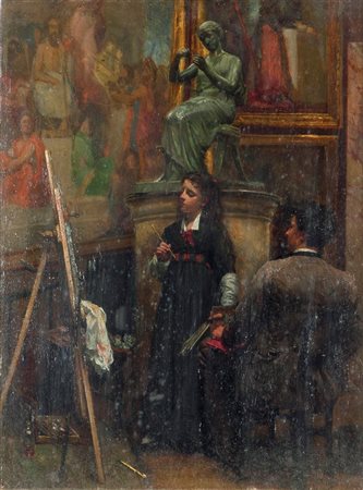 NANI NAPOLEONE Venezia 1839 - Roma 1899 "Lezioni di pittura" 35x26 olio su...