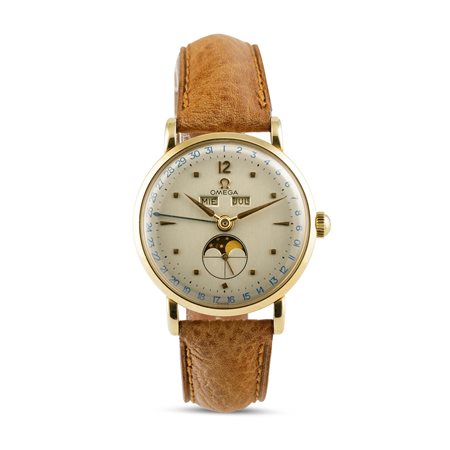 OMEGA - Cosmic triplo calendario con fasi lunari, in oro 18k, anse a goccia, anni '40. (Quadrante ristampato)