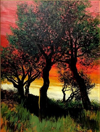 Dipinto ad olio su tela raffigurante paesaggio con alberi al tramonto....