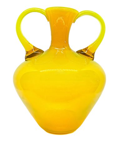 Vaso solifiore a balaustra biansata nei toni del giallo. Cm 23x19