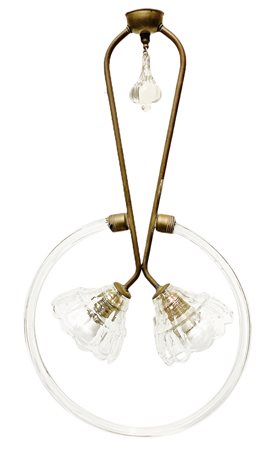 Lampadario Decò, a due luci in metallo e vetro. H cm 60x34