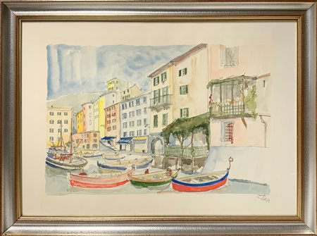 Max Dissar (1908-1993), acquarello su carta raffigurante paesaggio marino con...