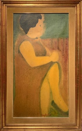 Dipinto ad olio su masonite raffigurante donna, Angelo Nona. Firmato al...