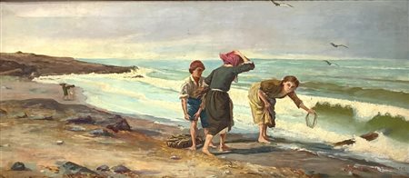 Pittura a olio su tela raffigurante le donne in riva al mare. 1905, firmato...