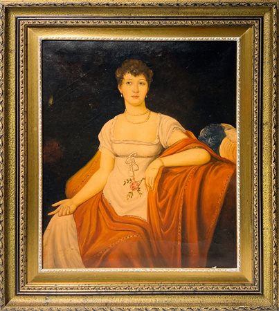 Pittura ad olio su tela raffigurante carattere femminile neoclassico. 20 °...