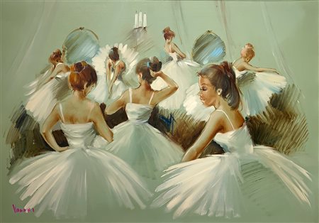 Pittura a olio su tela raffigurante le ballerine nella backstage. 1920,...