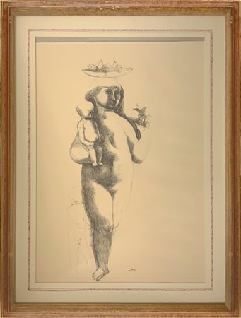 Disegno a china "Abbondanza (nudo di donna con bimbi)," Domenico Tudisco.