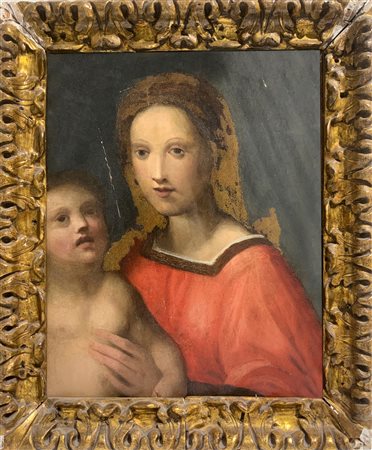 Pittura a olio sul tavolo raffigurante la Madonna con il bambino. XVII...