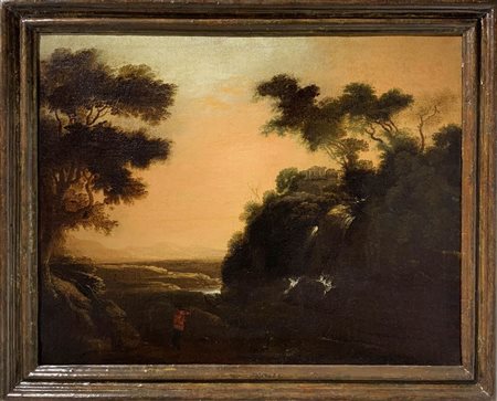 XVIII secolo pittore italiano. Paesaggio del paese con cascata (cascata di...