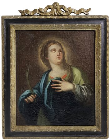 Dipinto ad olio su tela raffigurante Sant'Agata, pittore italiano del XVIII secolo. In cornice coeva.   Cm 46x38, in cornice cm 67 x 51