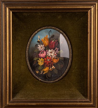 Miniatura ovale raffigurante mazzo di fiori XX secolo entro cornice firmata...