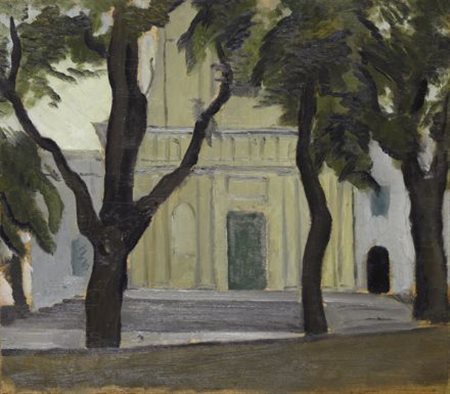 Achille Funi (Ferrara, 1890 - Appiano Gentile, 1972) Chiesa Olio su tavola,...