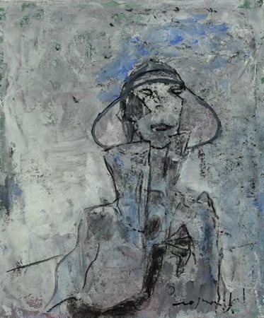 Franco Rognoni (Milano, 1913 - 1999) Figura di donna in grigio, 1991 Olio su...