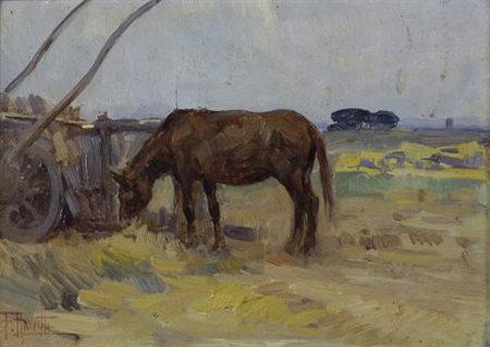 Filippo Anivitti (Roma, 1876 - 1955) Cavallo al pascolo Olio su cartone,...