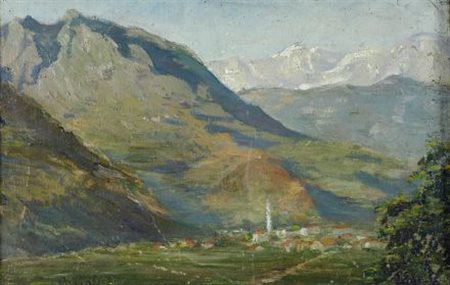 Antonio Piatti (Varese, 1875 - 1962) Paese di montagna Olio su tavola, cm....