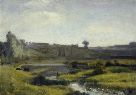 Achille Benouville (Parigi, 1815 - 1891) Campagna romana, 1889 Olio su...