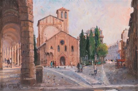 CARLO CORTICELLI (XX secolo) "Piazza Santo Stefano", 1999. Olio su cartone...