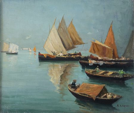 GIUSEPPE LEONI (Catania 1876 - 1927) "Marina". Olio su tavola. Cm 30,5x36....