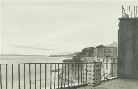 Luciano Guarnieri Napoli, Terrazza al mare China acquerellata su cartoncino,...