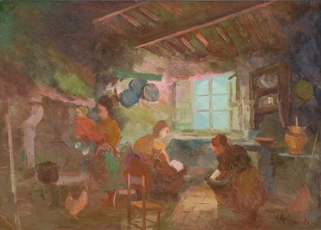 Guido Guidi Interno con figure Olio su tavola, cm. 50x70 Firmato in basso a...