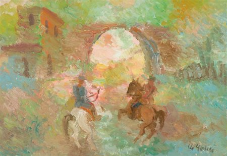 Guido Guidi Soldati a cavallo Olio su tavola, cm. 35x50 Firmato in basso a...