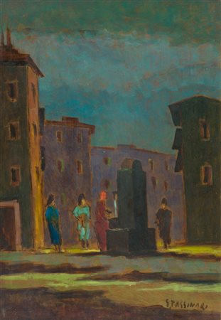 Gino Tassinari Donne alla fonte, 1969 Olio su faesite, cm. 50x35 Firmato in...