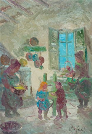 Guido Guidi Interno con figure Olio su tavola, cm. 50x35 Firmato in basso a...