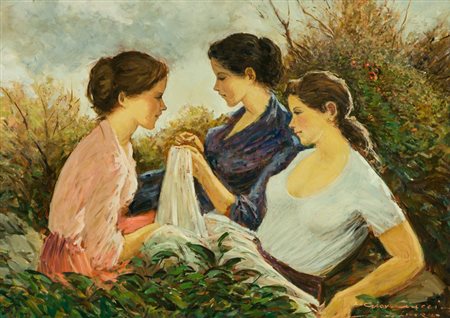 Giovanni Ciucci Ragazze in giardino Olio su tela, cm. 50x70 Firmato in basso...