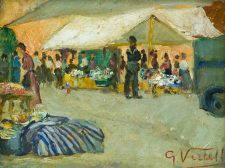 Giulio Romano Vercelli Mercato, 1929 Olio su cartone, cm. 15,5x21 Firmato in...