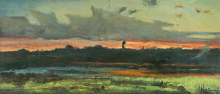 Achille Vertunni Paesaggio al tramonto Olio su tavola, cm. 28x61,5 Firmato in...