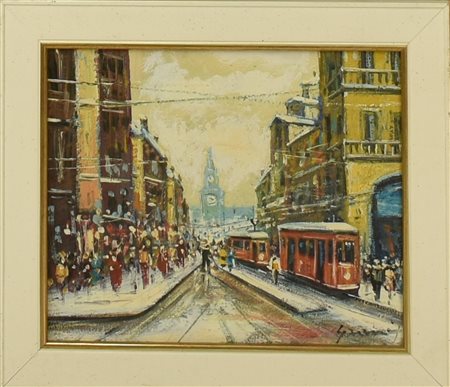 Francesco Grassi MILANO, VIA OREFICI olio su tela, cm 21x26 firma sul retro:...