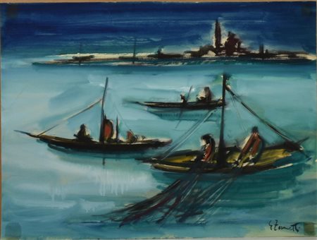 Gianni Zanetti PESCATORI tempera su carta, cm 42x56 firma sul retro: timbro...