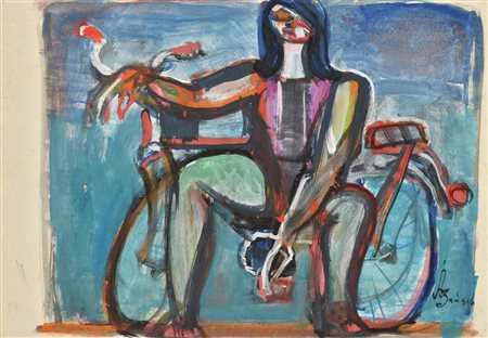 Alexandre P. Zaitsev RAGAZZA CON BICICLETTA tempera su carta, cm 29x41 firma...