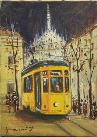 Francesco Grassi IL TRAM GIALLO, MILANO olio su tela, cm 25x18,5 firma sul...