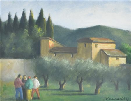 Nino Tirinnanzi RAGAZZI CON PAESAGGIO SERALE olio su cartone, cm 24x32 firma...