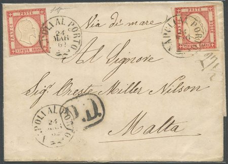 24.03.1862, Lettera da Napoli per Malta per 10gr. Tramite due 5gr. N.21 Rosso...