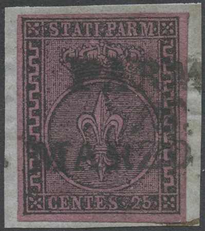 1852, 25c. N.4 violetto su frammento. (A+) Cat.600)