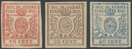 1857, N.9/11 nuovi con gomma, linguellati. (Lux) (Cert. Colla) (Cat.2.350)