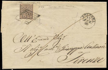 15.02.1856, lettera da Bologna per Firenze affrancata con un 5b. falso...